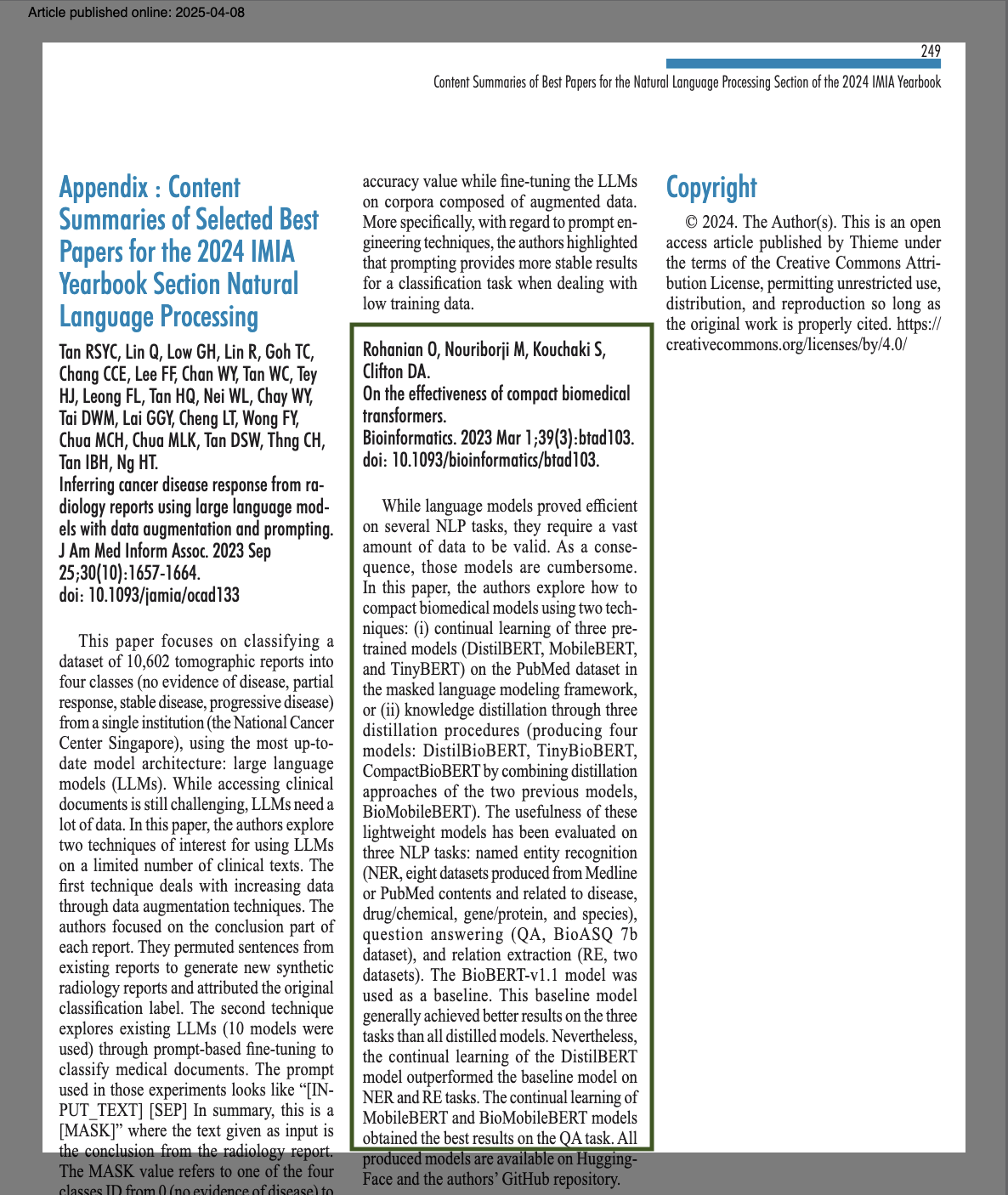 Excerpt from IMIA Yearbook 2024 showing our paper